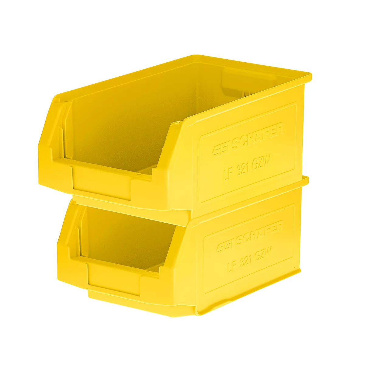 Deux bacs de stockage en plastique jaune, empilés l'un sur l'autre, sur fond blanc.