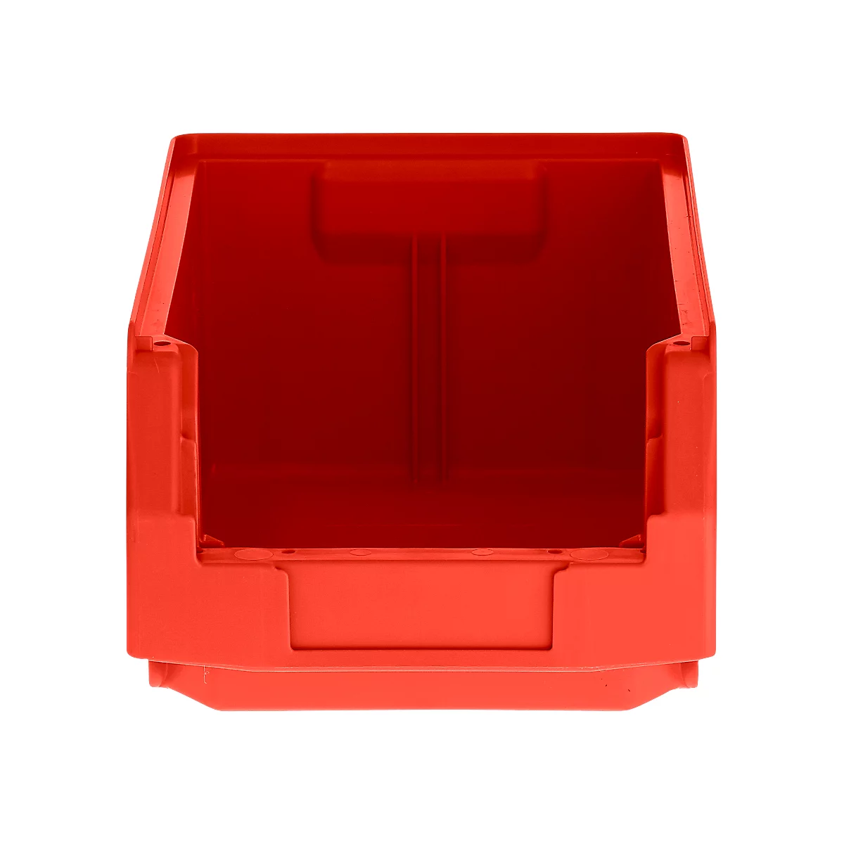 Un bac de rangement en plastique rouge vide vu de face.