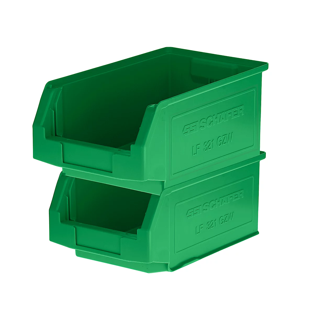 Deux bacs de stockage en plastique vert empilés avec l'inscription SSI SCHÄFER LF 321 GZH.