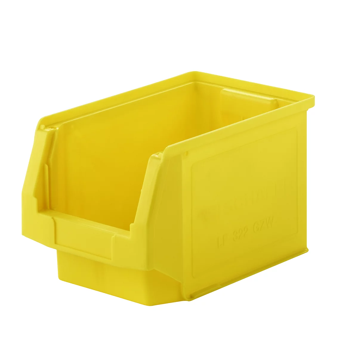Un bac de rangement en plastique jaune vide sur fond blanc.