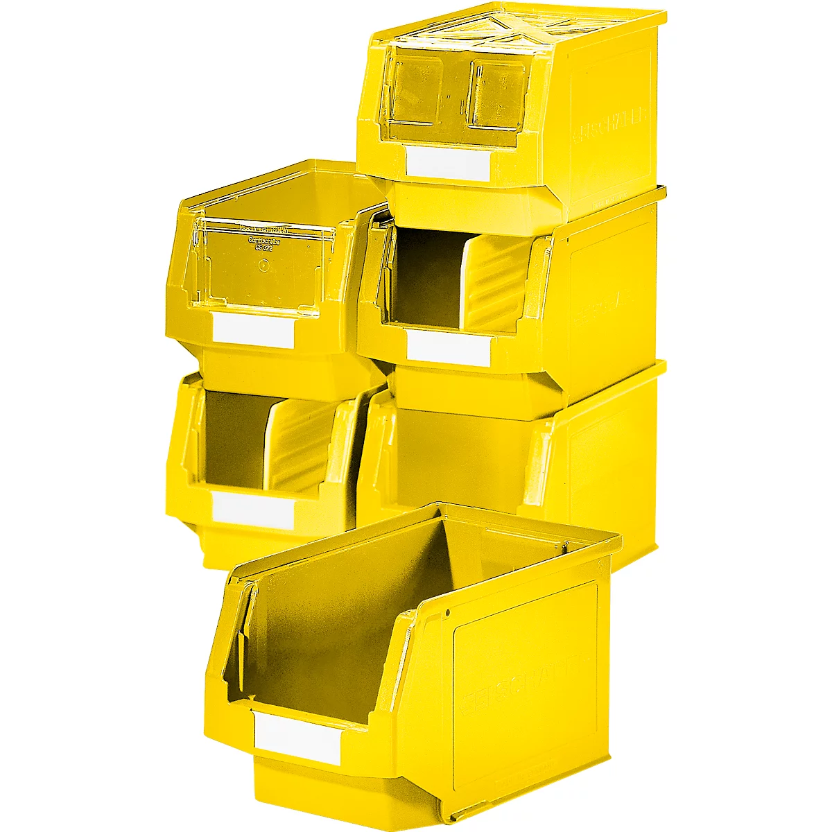 Plusieurs bacs de rangement en plastique jaune vif, empilés et présentés individuellement sur fond blanc.