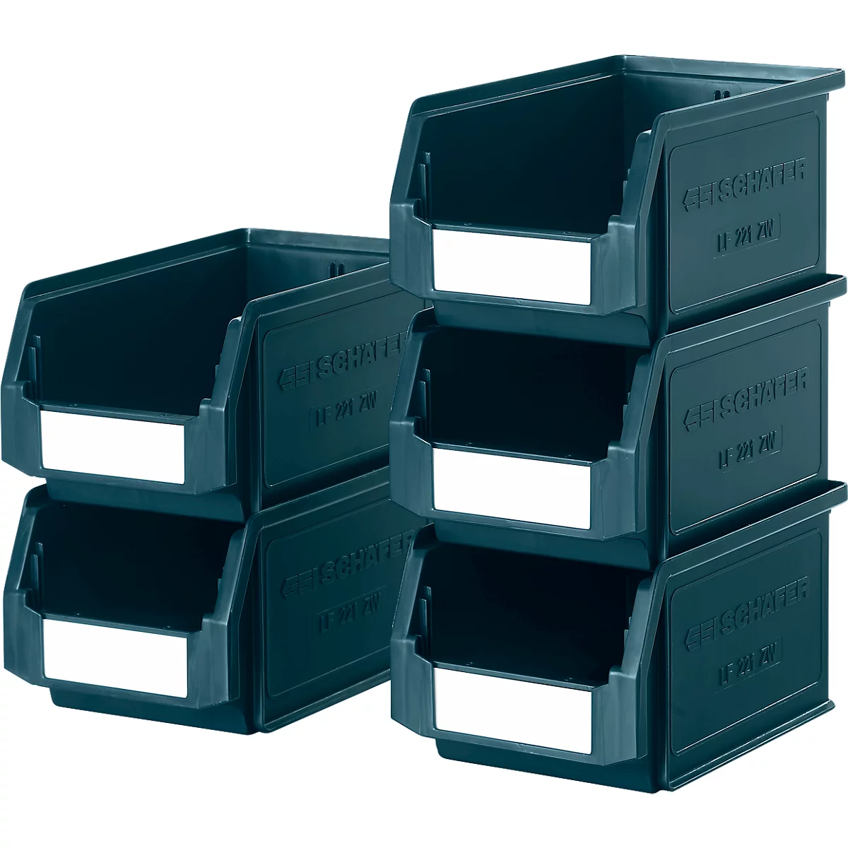 Boîtes de tri en plastique bleu foncé, étiquetables avec des étiquettes, empilées.