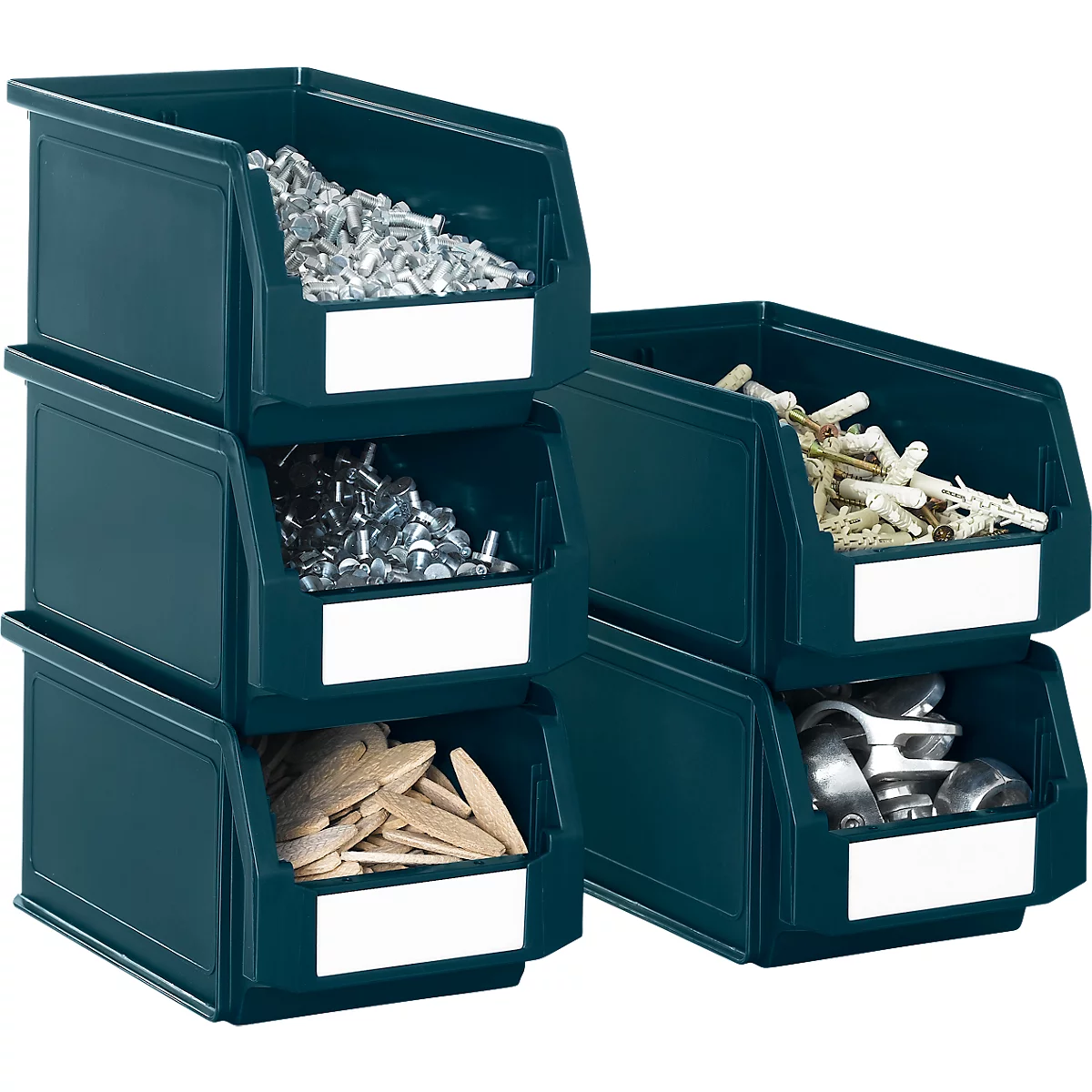 Six bacs en plastique vert foncé remplis de vis, chevilles et pièces d'outils.