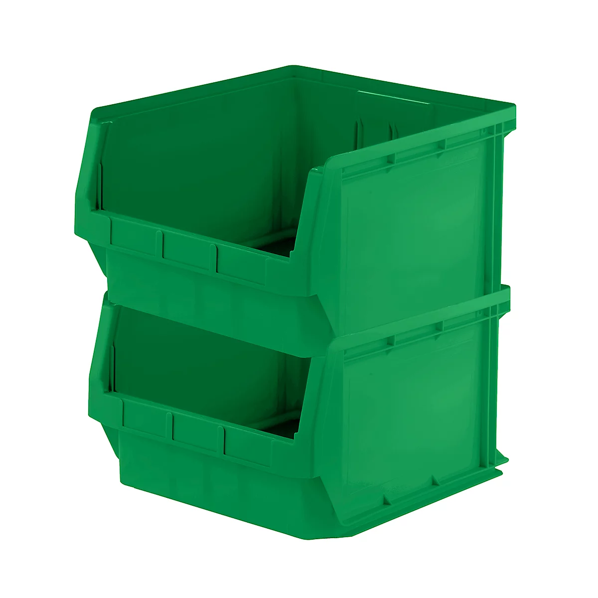 Deux bacs de rangement en plastique vert empilés l'un sur l'autre sur fond blanc.