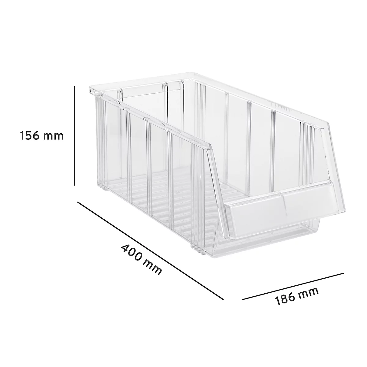 Bac gerbable transparent avec dimensions 156 mm, 400 mm et 186 mm sur fond blanc.