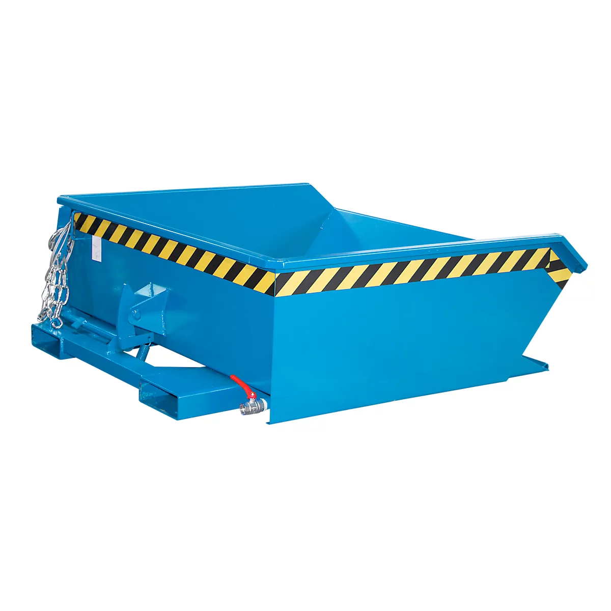 Conteneur basculant peint en bleu avec des rayures d'avertissement jaunes et noires.