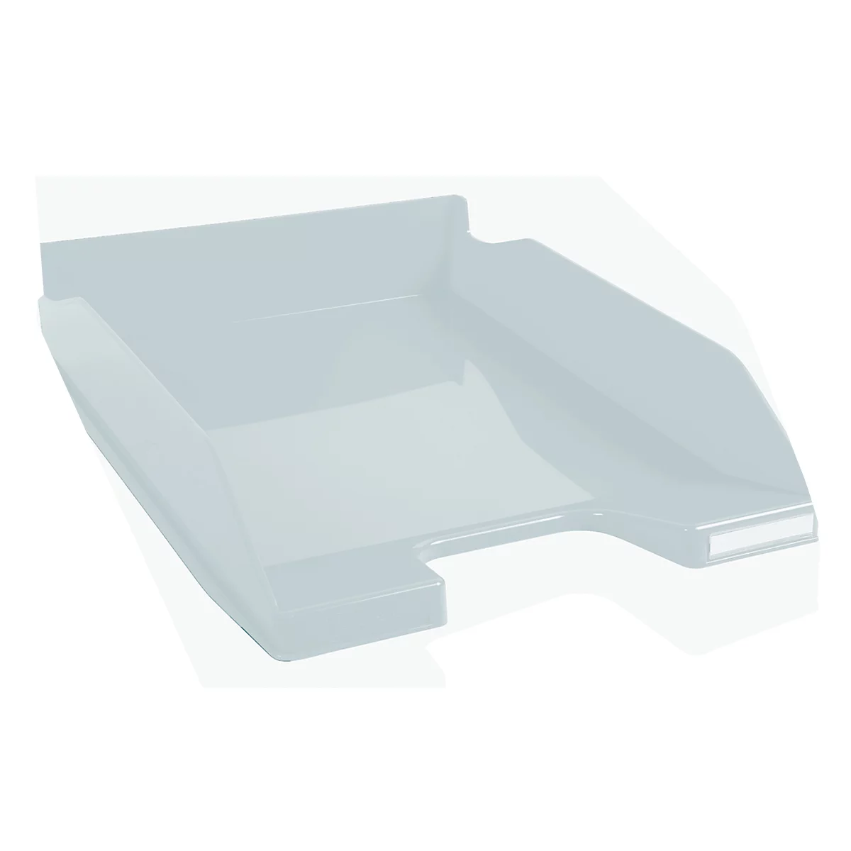 Bac à papier gris clair avec côtés inclinés, sur fond blanc.