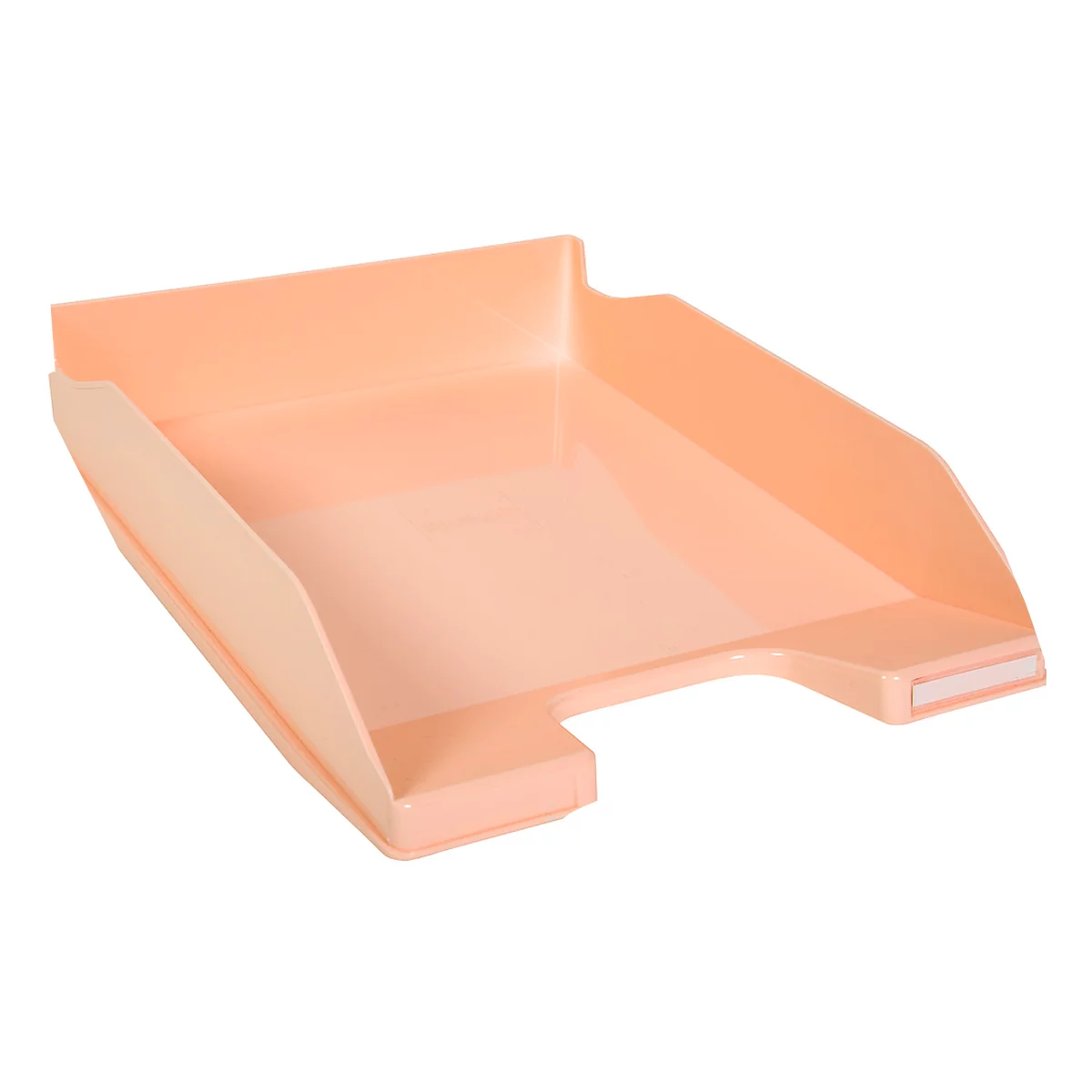 Un bac à papier orange clair, légèrement incliné. L'angle est choisi pour que l'on regarde à l'intérieur.