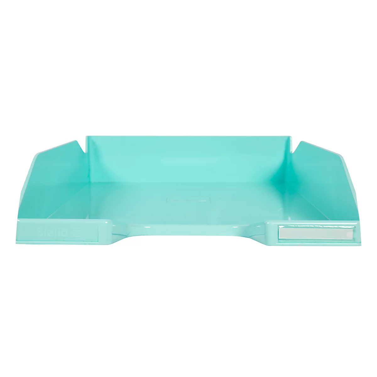Bac en plastique bleu clair avec un haut dos et des extensions latérales.