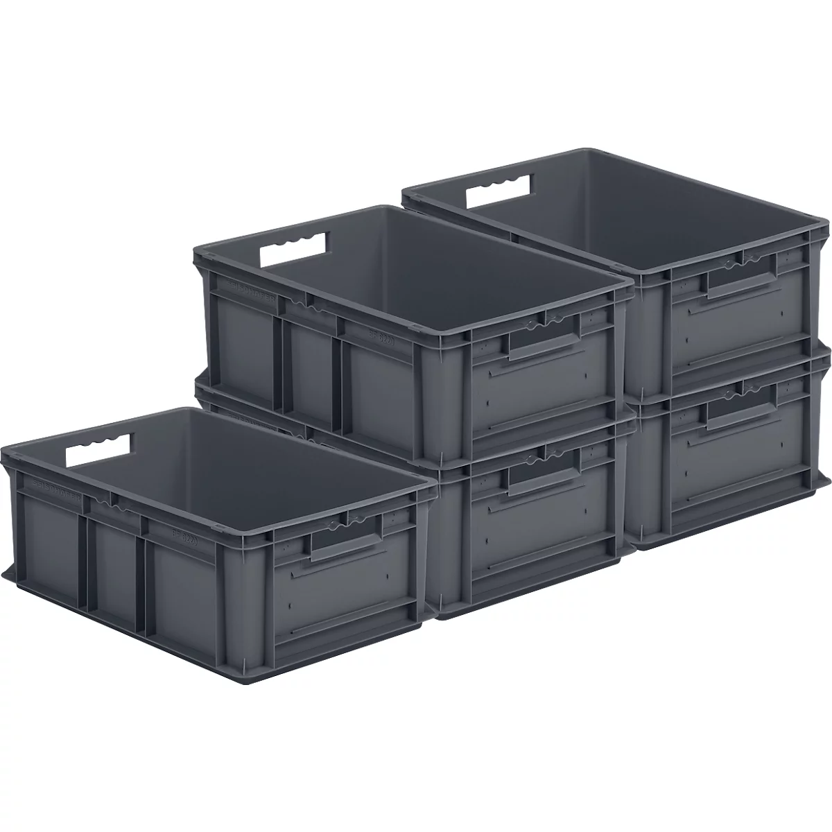 Bac à empiler Euro EF 6220 - polypropylène recyclé - L 600 x P 400 x H 220 mm - 43,5 l - poignées ouvertes - gris fer - set avantageux: 5 pièces