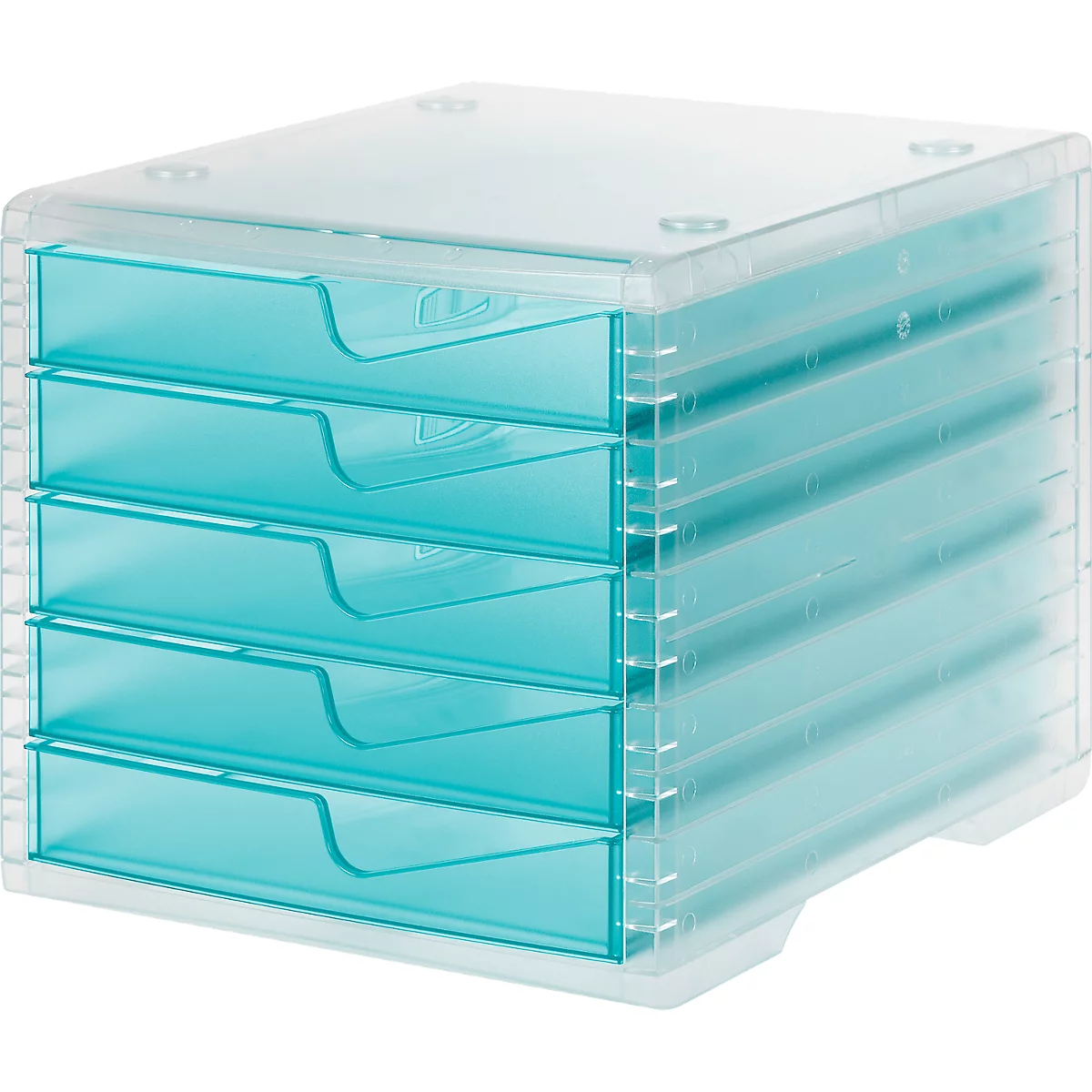 Bac à tiroirs styro® styroswing light, 5 tiroirs, blocage de l'ouverture &amp; poignée encastrée, empilable, L 270 x P 340 x H 255 mm, polystyrène, transparent-aqua