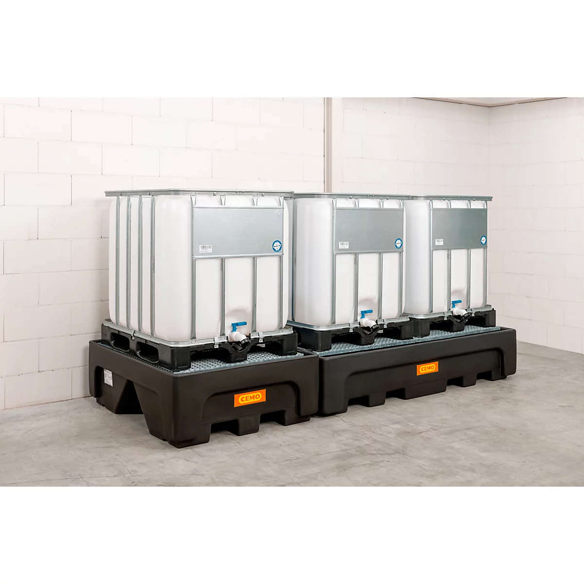 Bac d'extension IBC CEMO 500/1-PE, avec croix de soutien et caillebotis en acier, volume 500 l, capacité de charge 1500 kg, avec agrément, polyéthylène, noir