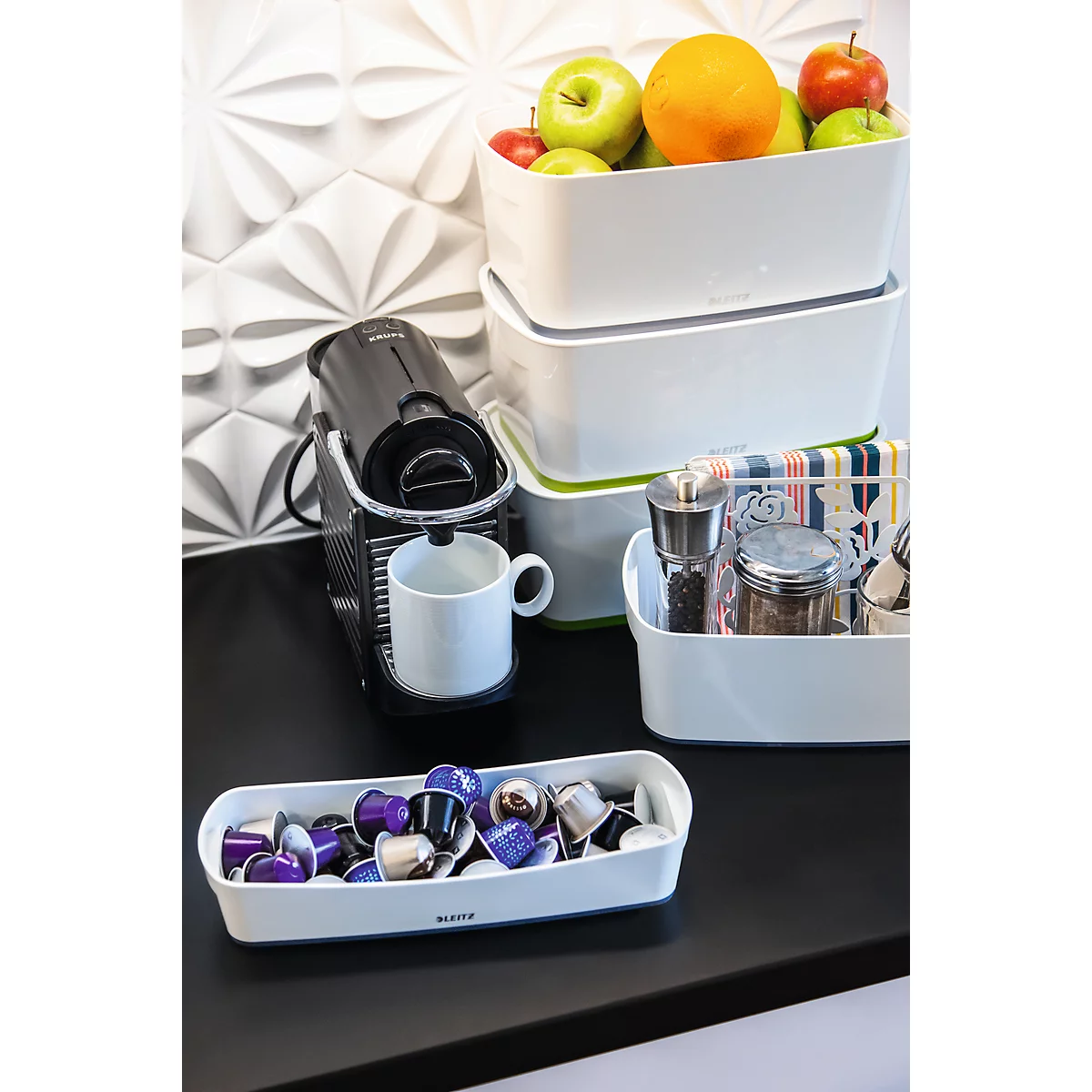 Bac de rangement MyBox Leitz, version longue, l. 307 x H 55 x P 105 mm, pour ustensiles, blanc/gris