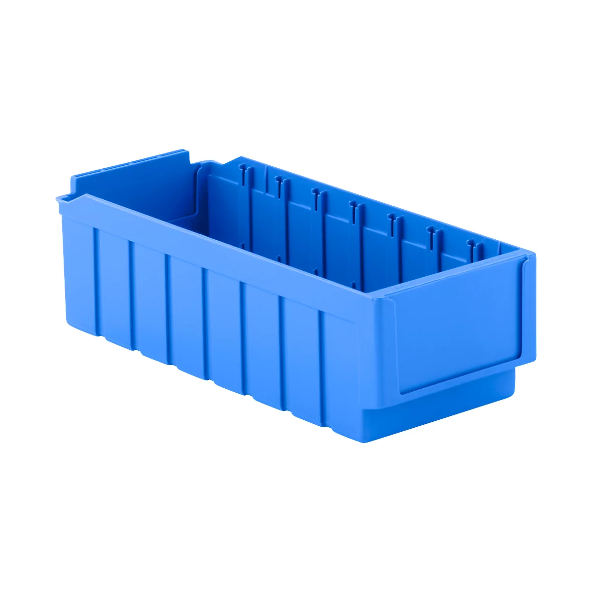 Bac en plastique bleu, rectangulaire, avec des rainures verticales sur les côtés, un dessus ouvert et de petits supports.