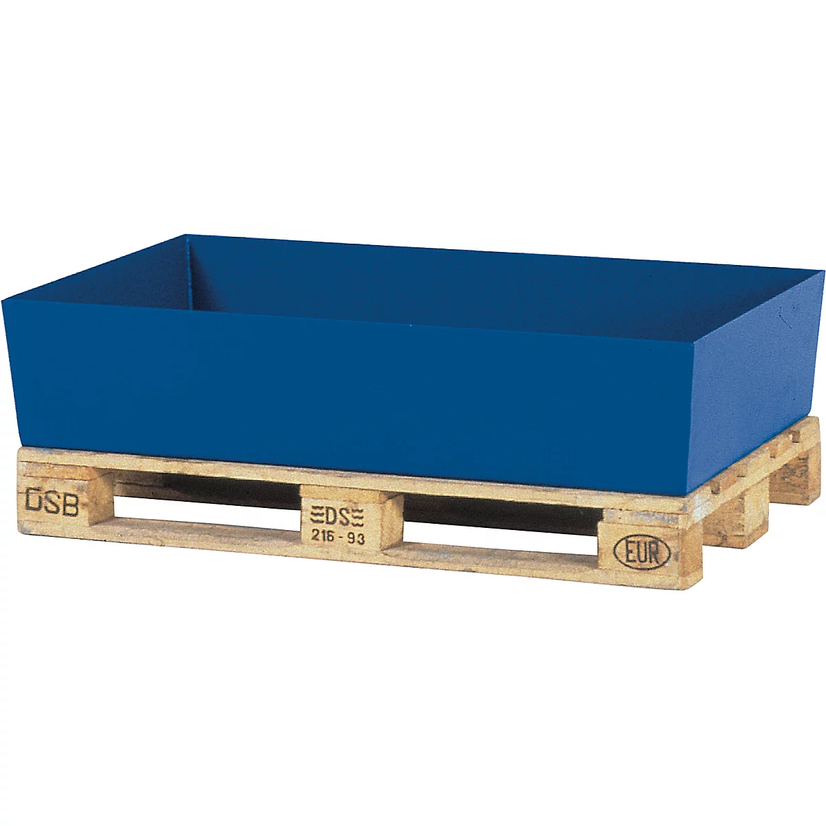 Récipient rectangulaire bleu sur une palette en bois.