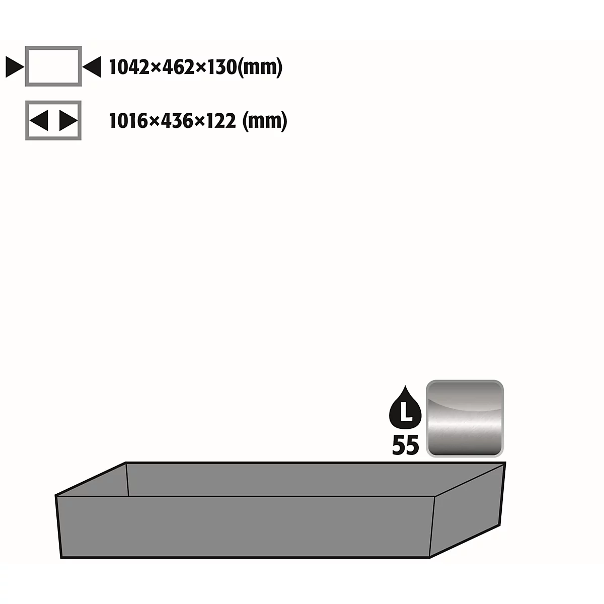 Bac de récupération au sol standard pour les armoires de sécurité asecos des séries Q30, Q90 et S90, acier inoxydable 1.4016, L 1042 x P 462 x H 122 mm, 55.5 l