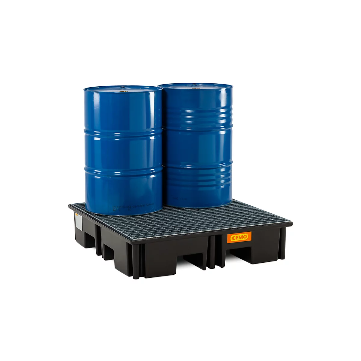 Bac de récupération de palettes en PE CEMO 220/4 pour 1 palette industrielle, L 1230 x l 1230 x H 260 mm, 220 l, pour 4 fûts de 200 l, caillebotis en acier
