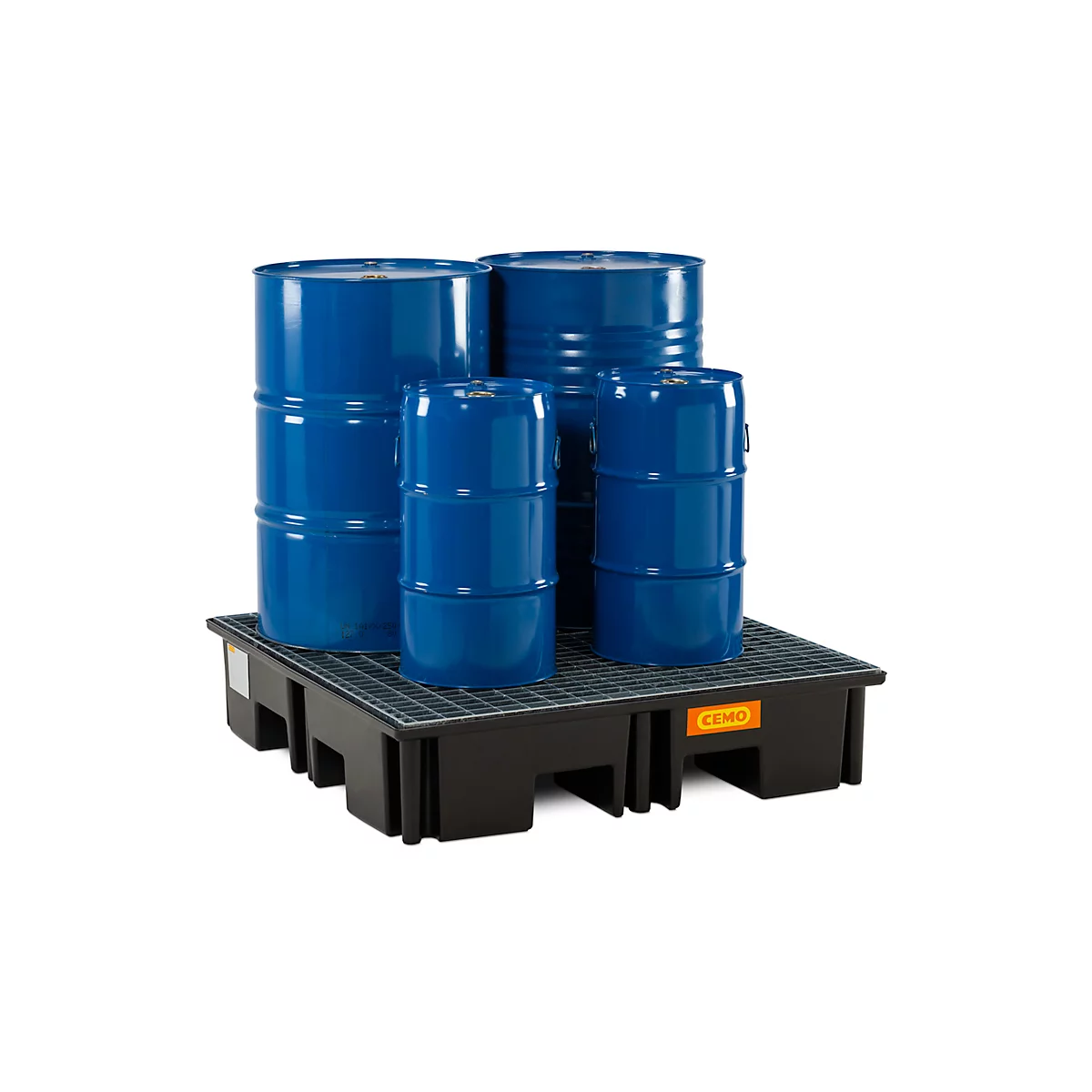 Bac de récupération de palettes en PE CEMO 220/4 pour 1 palette industrielle, L 1230 x l 1230 x H 260 mm, 220 l, pour 4 fûts de 200 l, caillebotis en acier