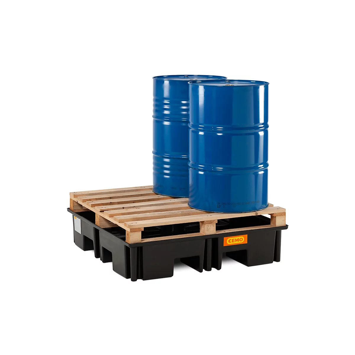 Bac de récupération de palettes PE CEMO 220/4 pour 1 palette industrielle, L 1230 x l 1230 x H 260 mm, 220 l, pour 4 fûts de 200 l, sans grille