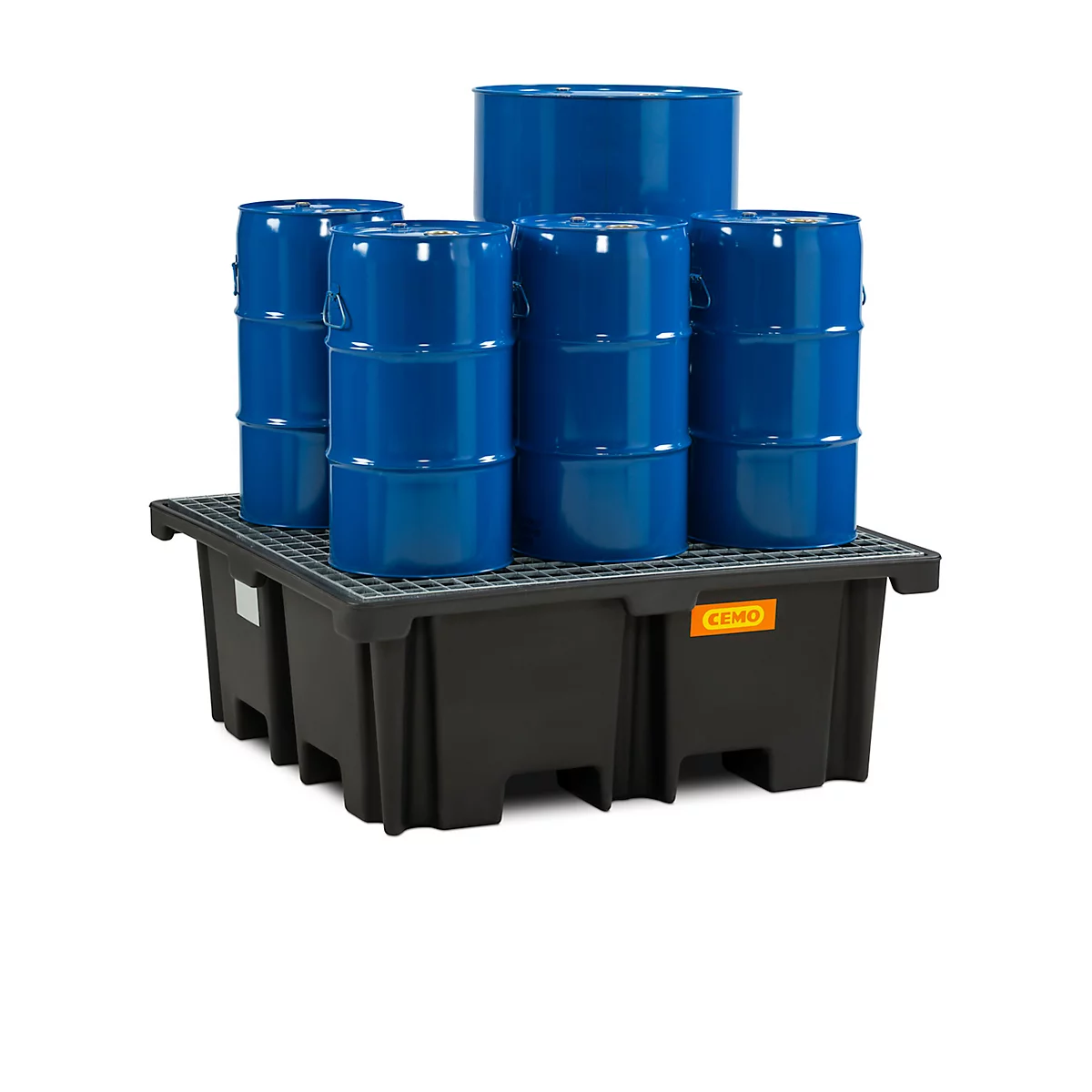 Bac de récupération de palettes PE CEMO 400/4 pour 1 palette industrielle, L 1290 x l 1290 x H 480 mm, 400 l, pour fûts de 4 x 200 l, caillebotis en acier