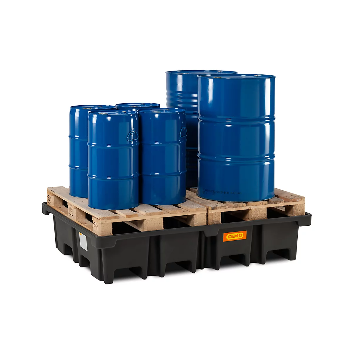 Bac de récupération PALETTE-PE 425/4 CEMO - pour 2 palettes Euro - 425 litres - pour fûts de 4 x 200 l - L 1670 x l. 1270 x H 360 mm - sans caillebotis