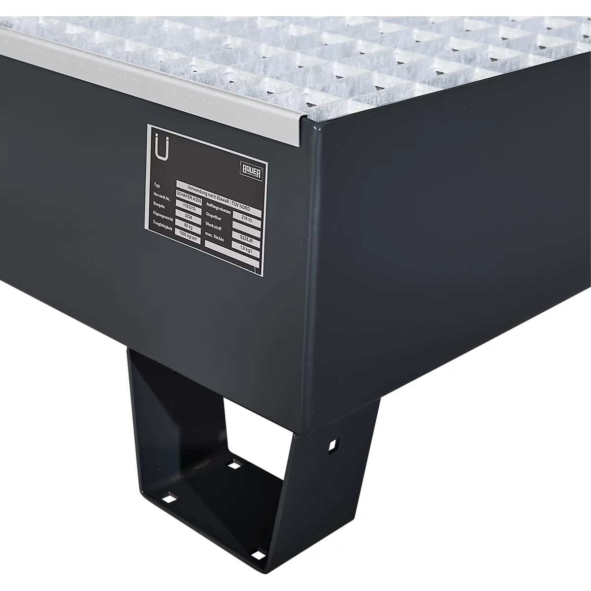 Bac de rétention 4/200 - acier - L 1200 x l. 1200 x H 290 mm - pour 4 fûts de 200 L - caillebotis galvanisé - anthracite RAL 7016 - Schäfer Shop Pure
