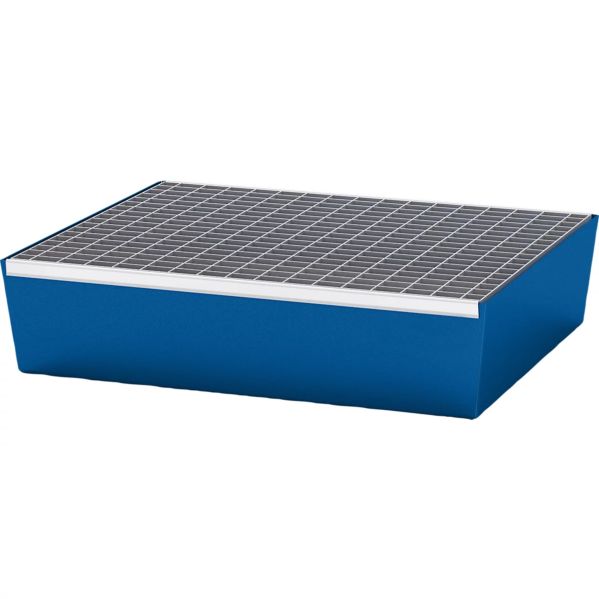 Bac de rétention bleu avec un couvercle en grille, sur fond blanc.