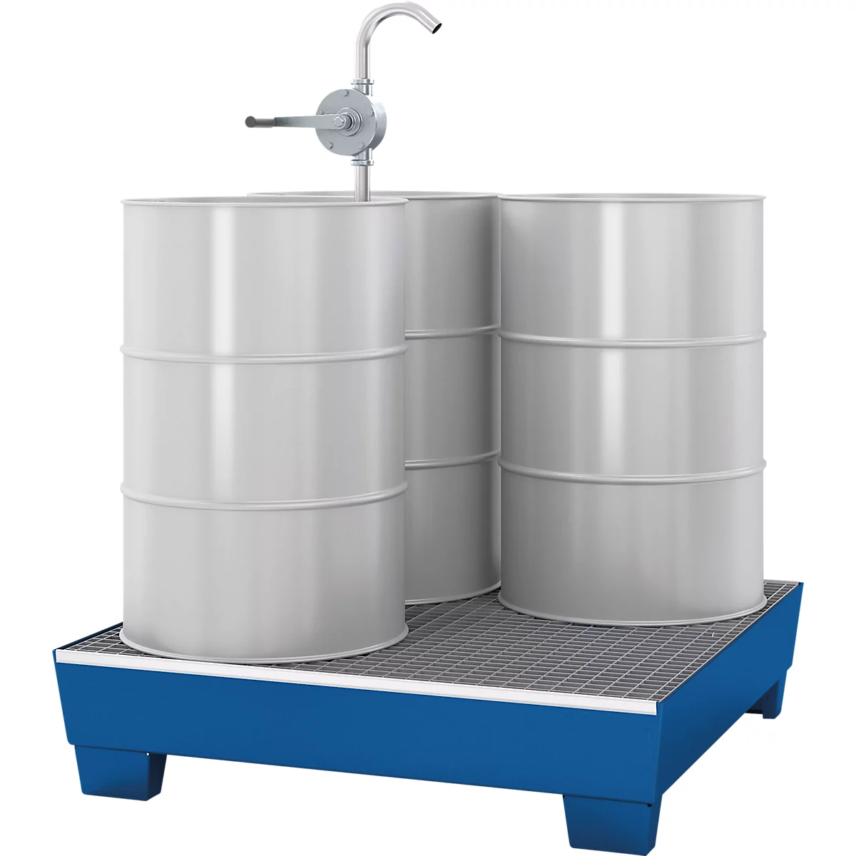 Bac de rétention ASECOS, en acier, avec grille et patins de chariot élévateur, capacité de 200 l, L 1210 x P 1240 x H 285 mm, peint