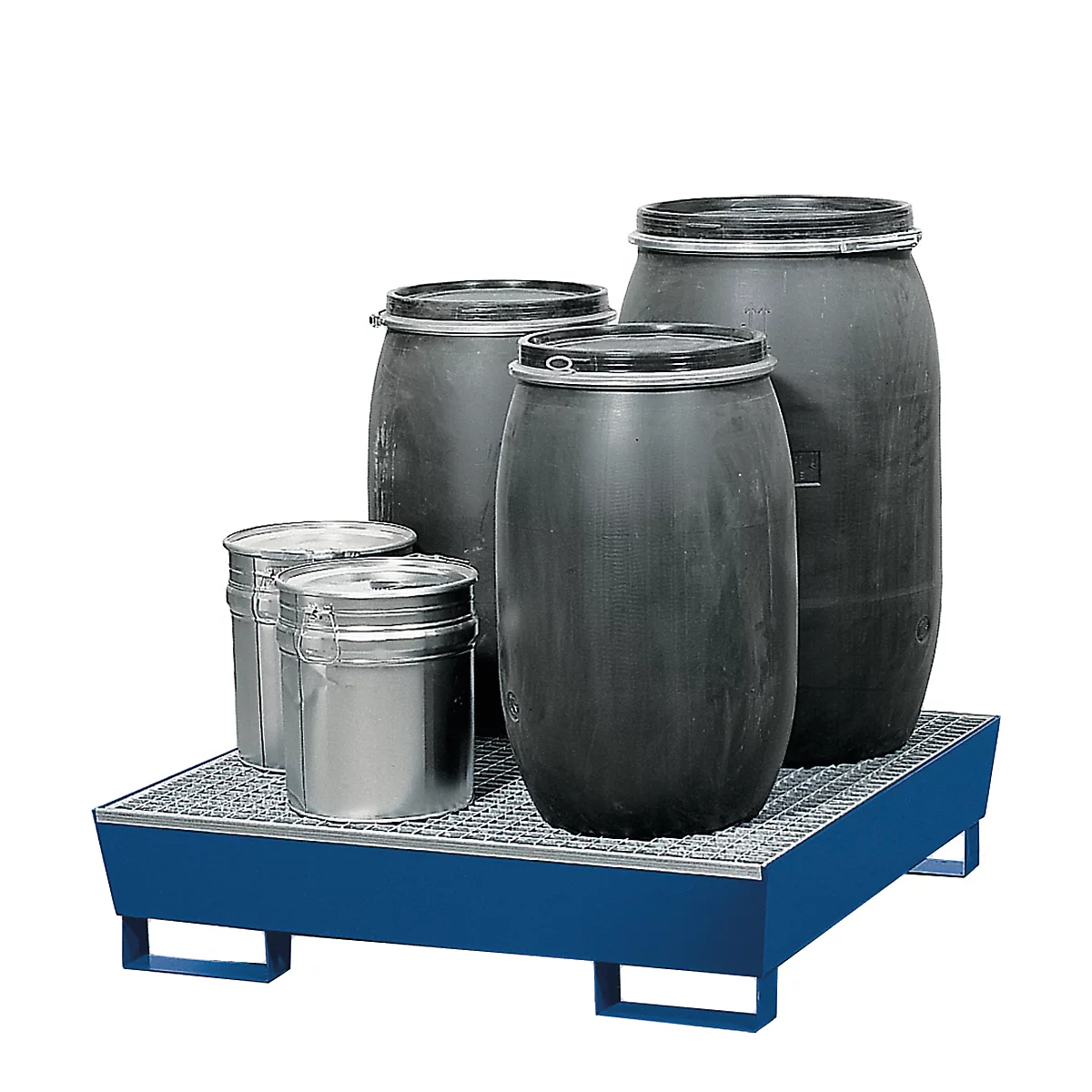 Bac de rétention ASECOS, en acier, avec grille et patins de chariot élévateur, capacité de 200 l, L 1210 x P 1240 x H 285 mm, peint ou galvanisé