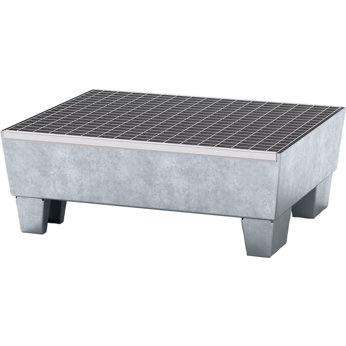 Bac de rétention rectangulaire gris avec grille et quatre pieds.