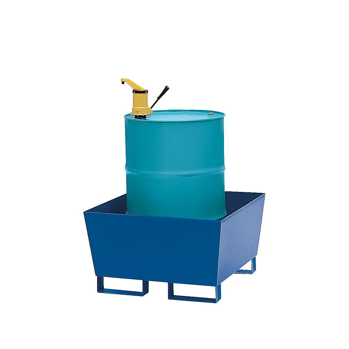 Bac de rétention bleu avec un fût bleu-vert et une pompe jaune. Sur fond blanc.