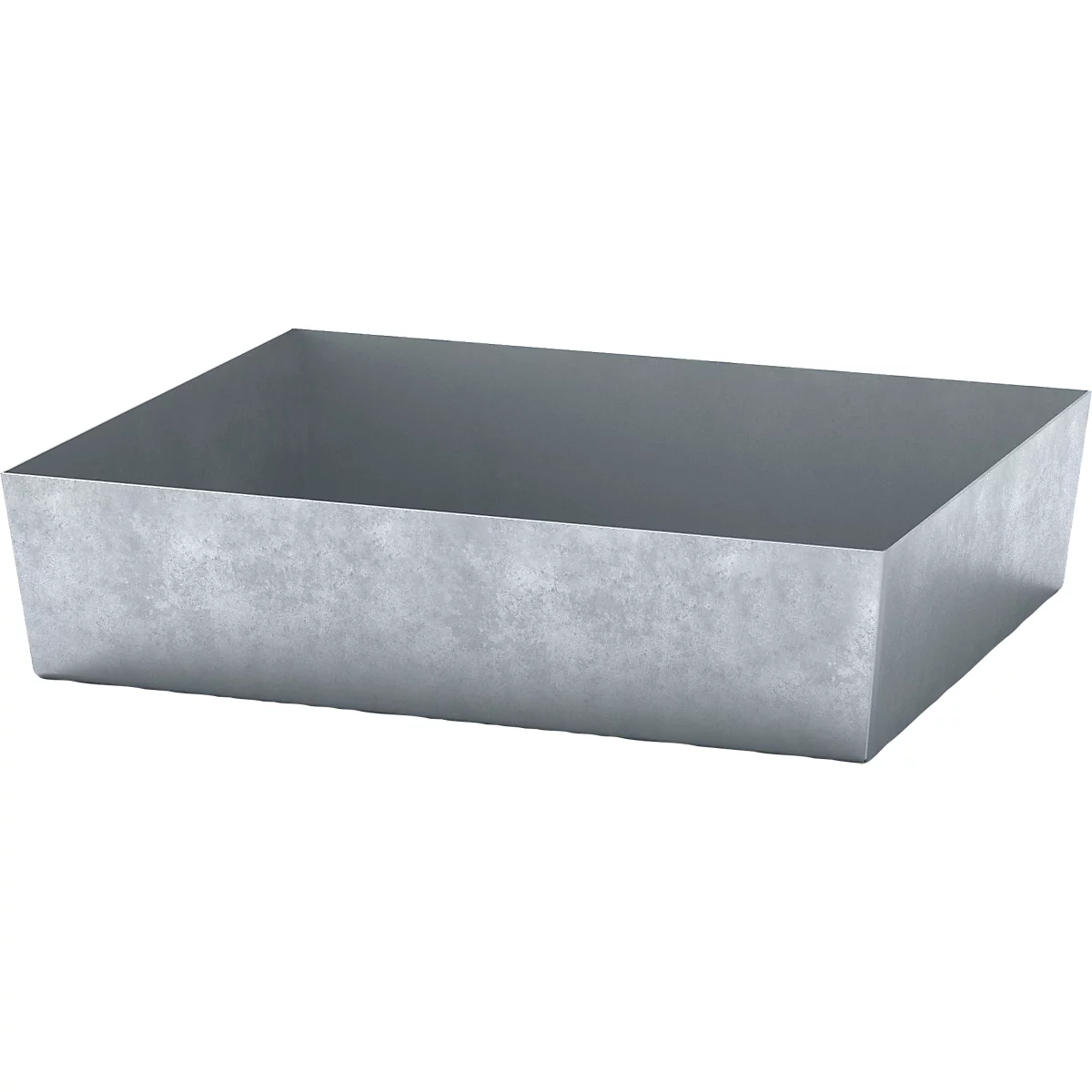 Bol en métal gris rectangulaire. Les bords sont légèrement arrondis.