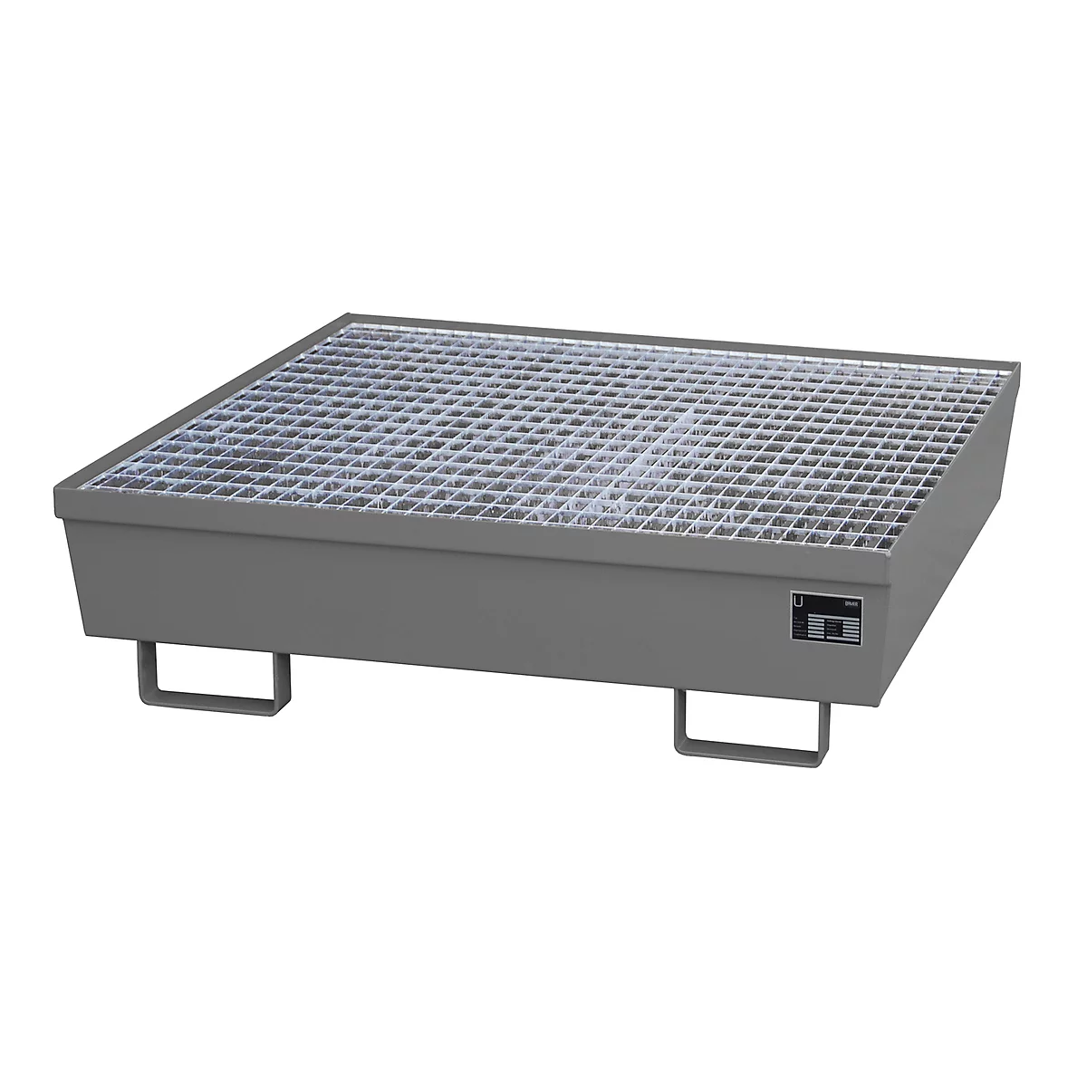 Bac de rétention gris avec grille et pieds.