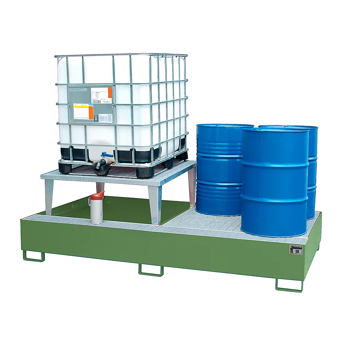Bac de rétention Bauer AWA 21, acier, vert, L 2650 x l 1460 x H 863 mm, 1000 l, pour 2 x 1000 l IBC, 1 embout de remplissage, 1 caillebotis
