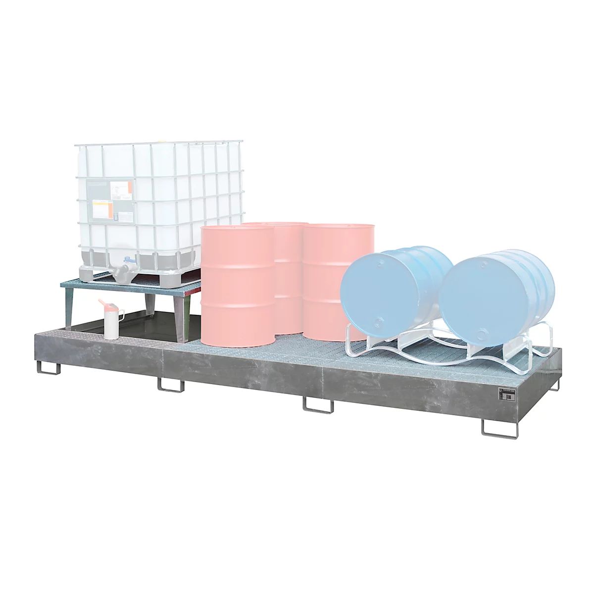 Bac de rétention Bauer AWA 31, acier galvanisé à chaud, L 3850 x l 1460 x H 780 mm, 1000 l, pour 3 IBC de 1000 l, 1 rehausse de soutirage, 2 grilles