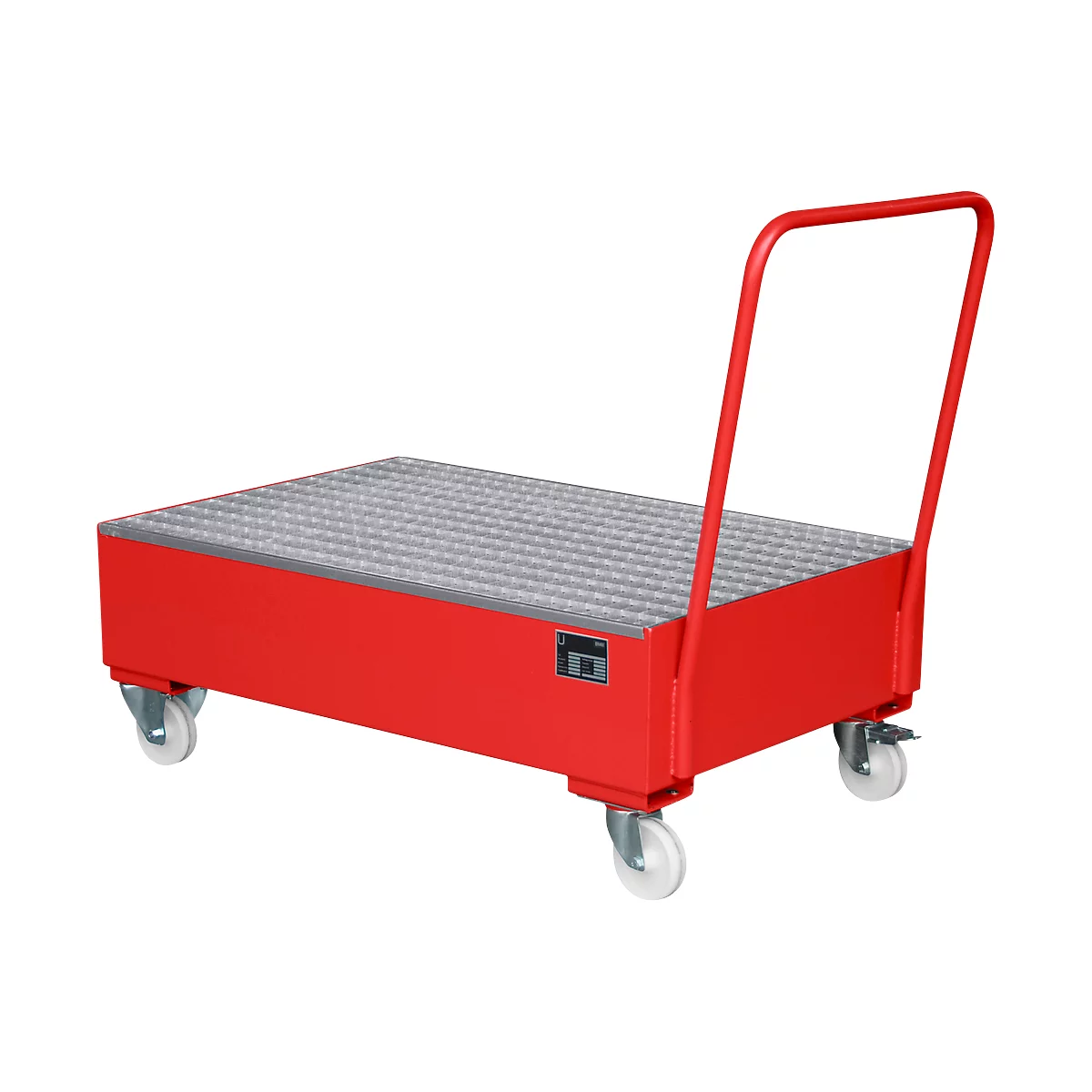 Bac de rétention en acier avec roues + poignée, 1200 x 800 mm, rouge RAL 3000