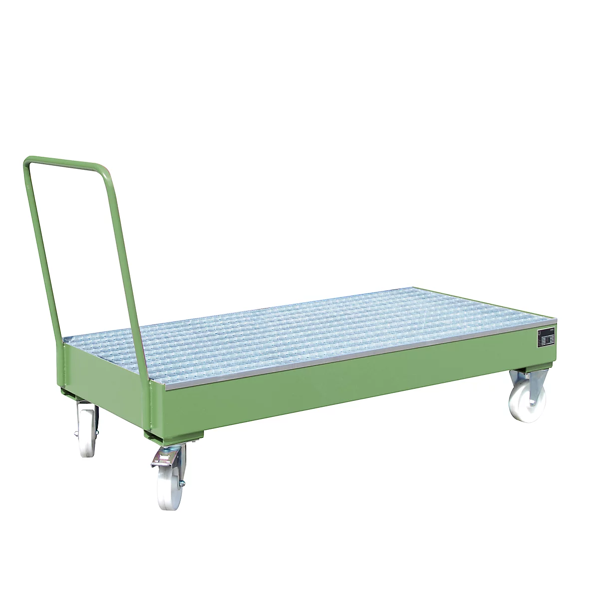 Bac de rétention en acier avec roulettes + poignée, 1800 x 800 mm, vert RAL 6011