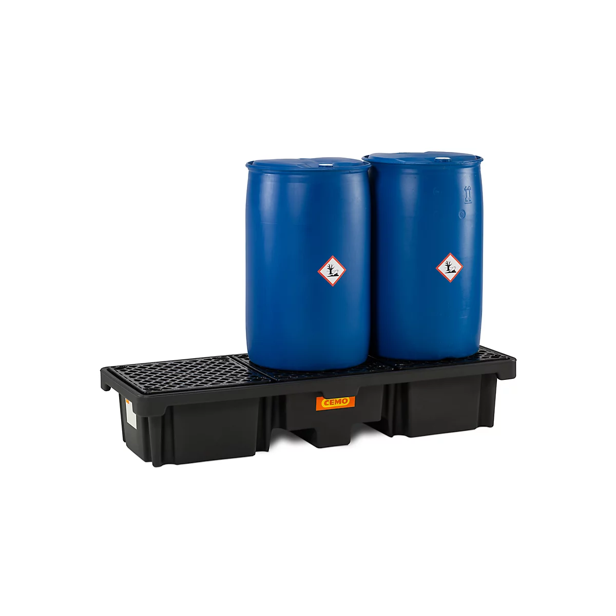Bac de rétention en PE CEMO 220/3, avec 3 grilles en PE, L 1860 x P 660 x H 330 mm, 215 l, pour 3 fûts de 200 l, jusqu'à 900 kg