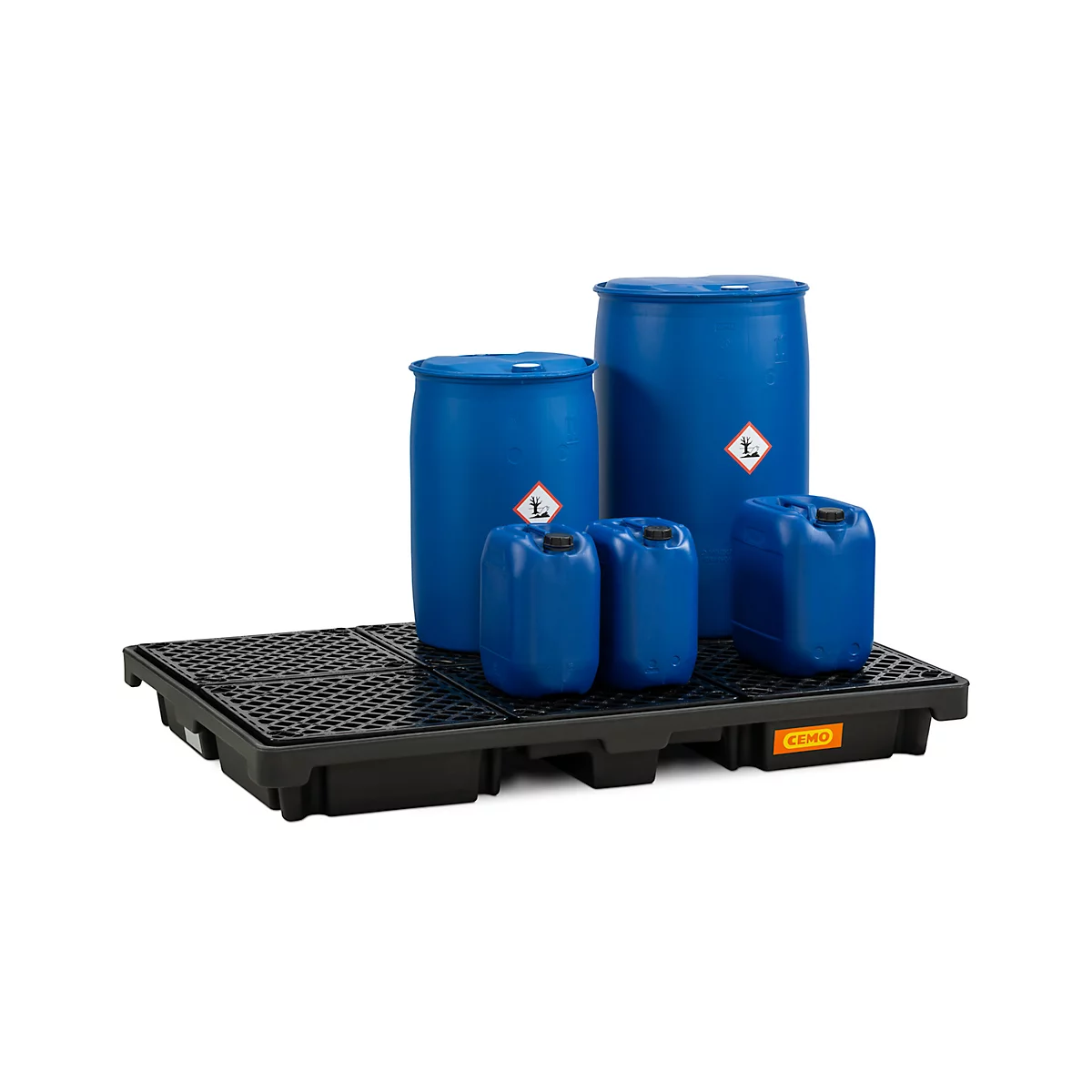 Bac de rétention en PE CEMO 220/6, avec 6 grilles en PE, L 1860 x P 1260 x H 200 mm, 220 l, pour 6 fûts de 200 l, jusqu'à 1800 kg