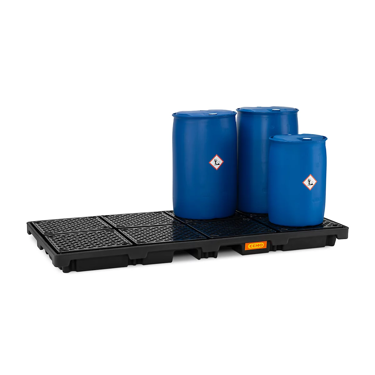 Bac de rétention en PE CEMO 270/8, avec 8 grilles en PE, L 2480 x P 1280 x H 180 mm, 270 l, pour 8 fûts de 200 l, jusqu'à 2400 kg