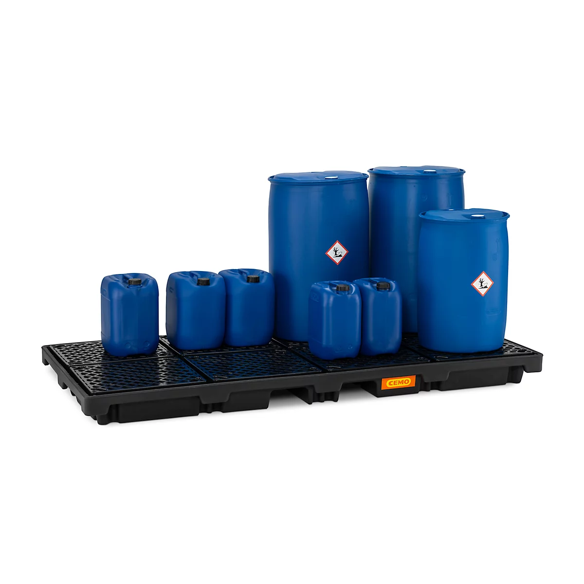 Bac de rétention en PE CEMO 270/8, avec 8 grilles en PE, L 2480 x P 1280 x H 180 mm, 270 l, pour 8 fûts de 200 l, jusqu'à 2400 kg
