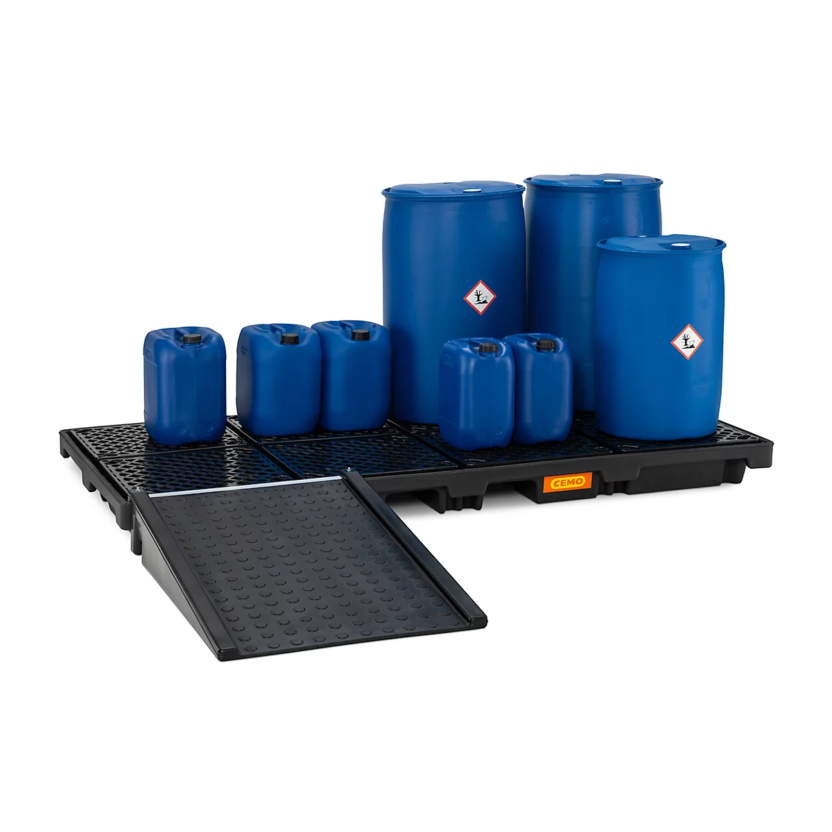 Bac de rétention en PE CEMO 270/8, avec 8 grilles en PE, L 2480 x P 1280 x H 180 mm, 270 l, pour 8 fûts de 200 l, jusqu'à 2400 kg