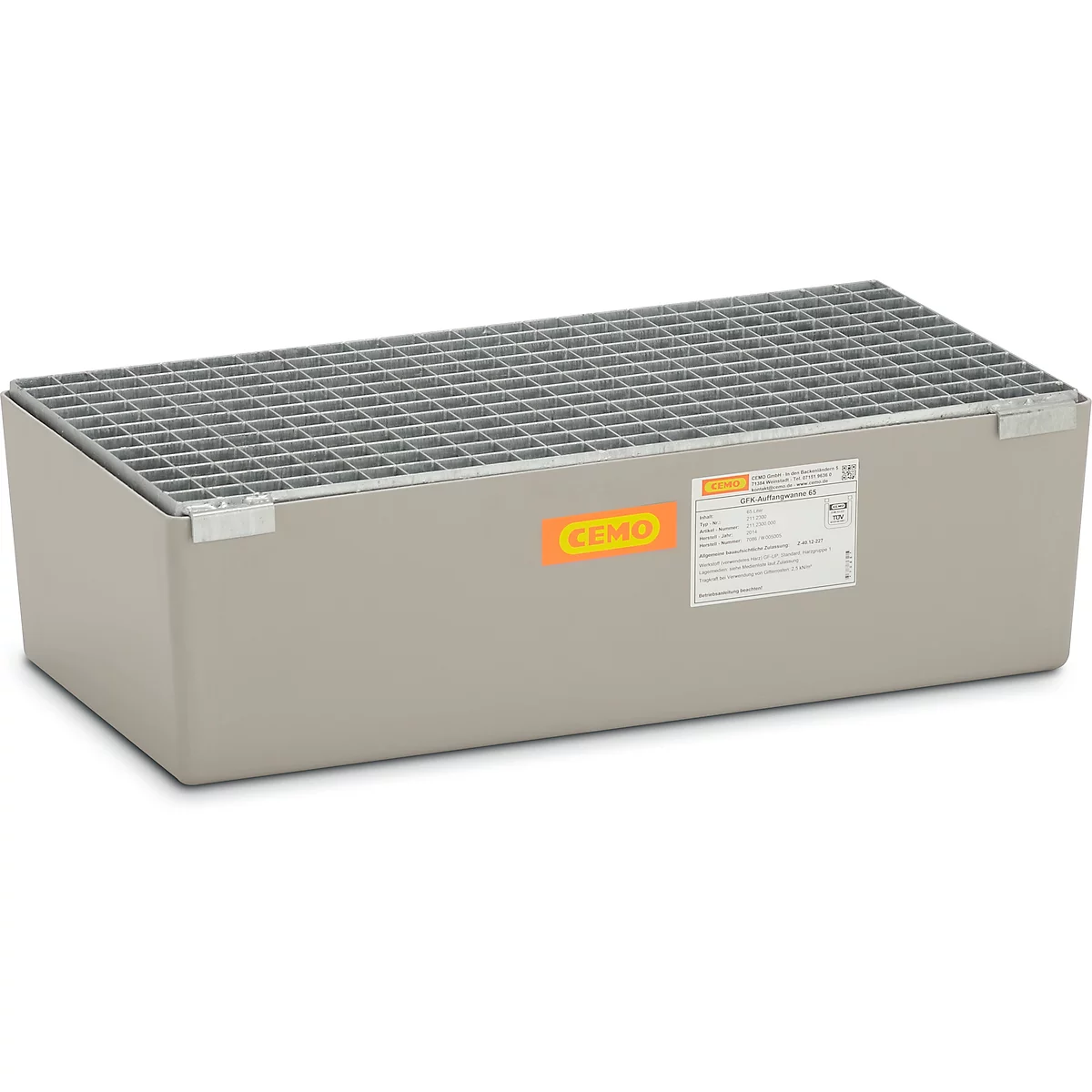 Bac de rétention - en plastique renforcé de fibres de verre (PVR) - 65 litres - L 820 x l.410 x H 230 mm - avec caillebottis