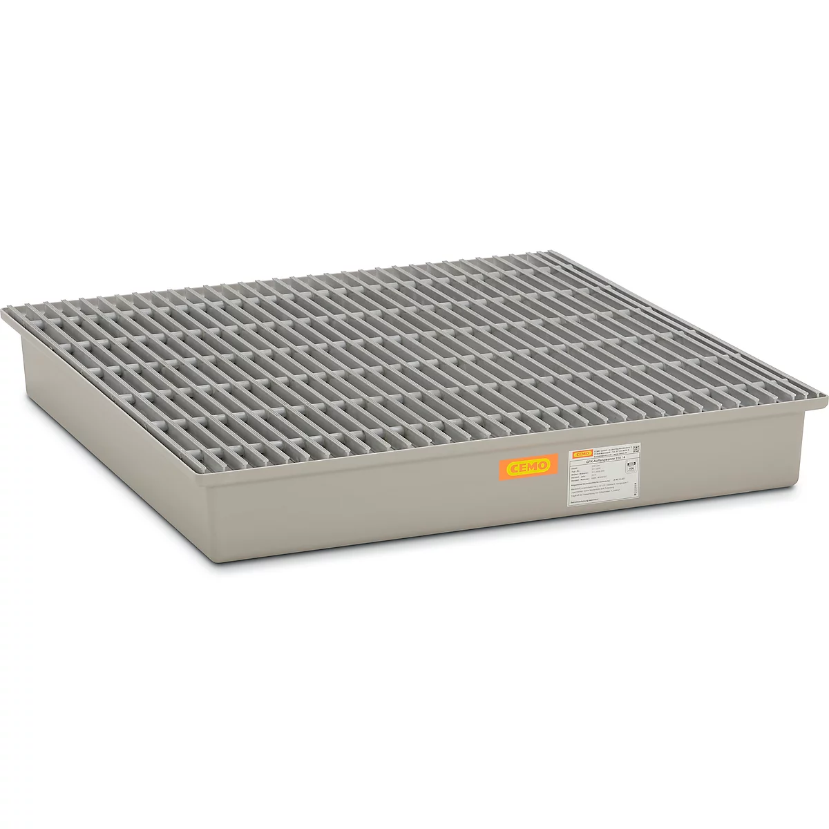 Bac de rétention en PRV 220/4 CEMO, capacité de 220 l, L 1280 x P 1280 x H 200 mm, avec grille en PRV