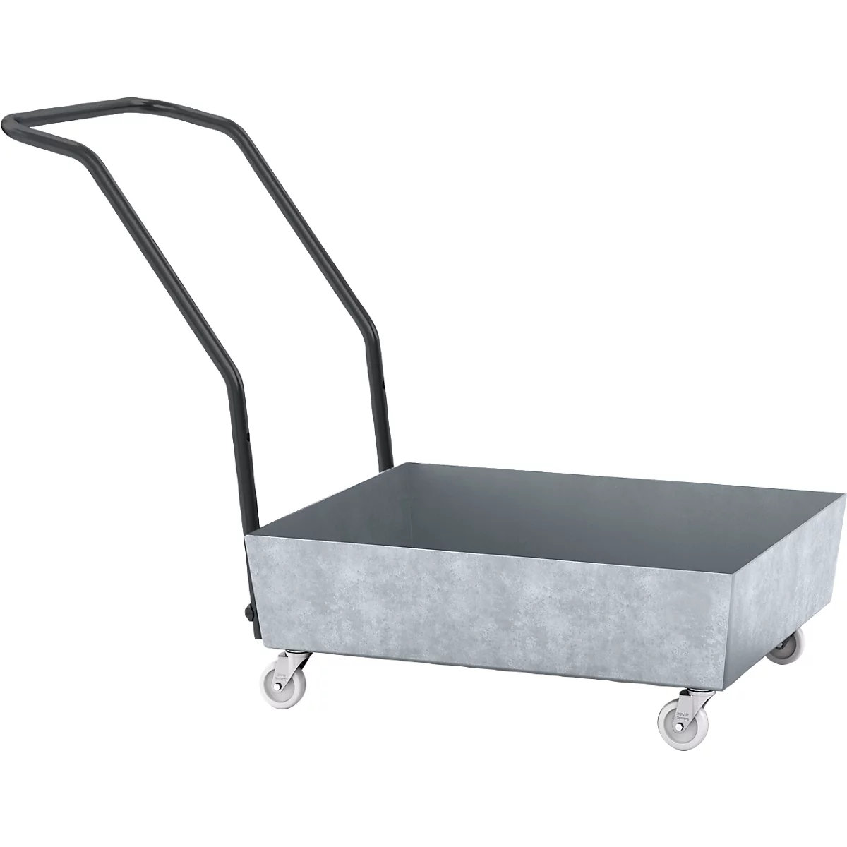 Brouette grise avec poignée et quatre roues.