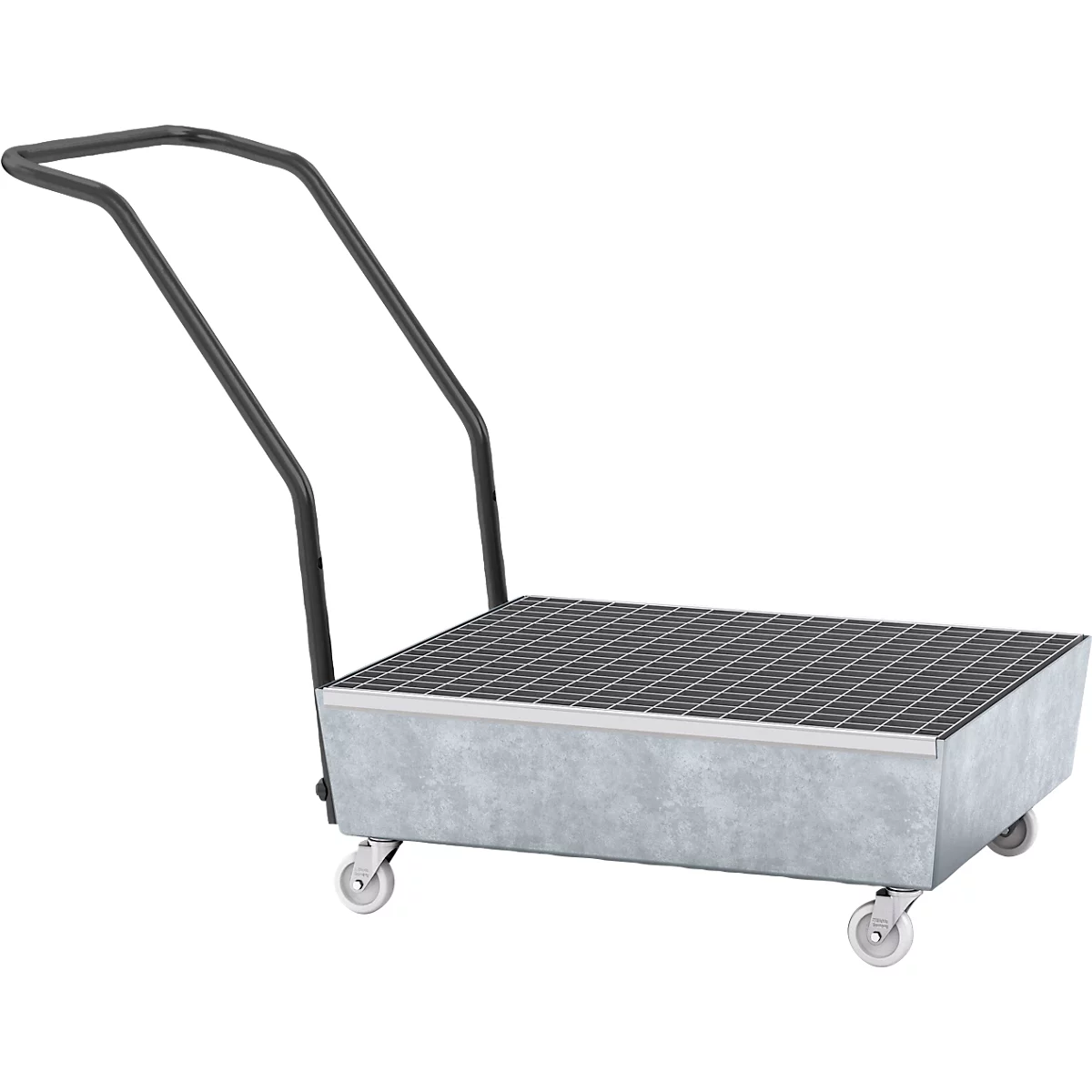 Bac à huile gris avec grille et poignée. Quatre petites roues facilitent le transport.