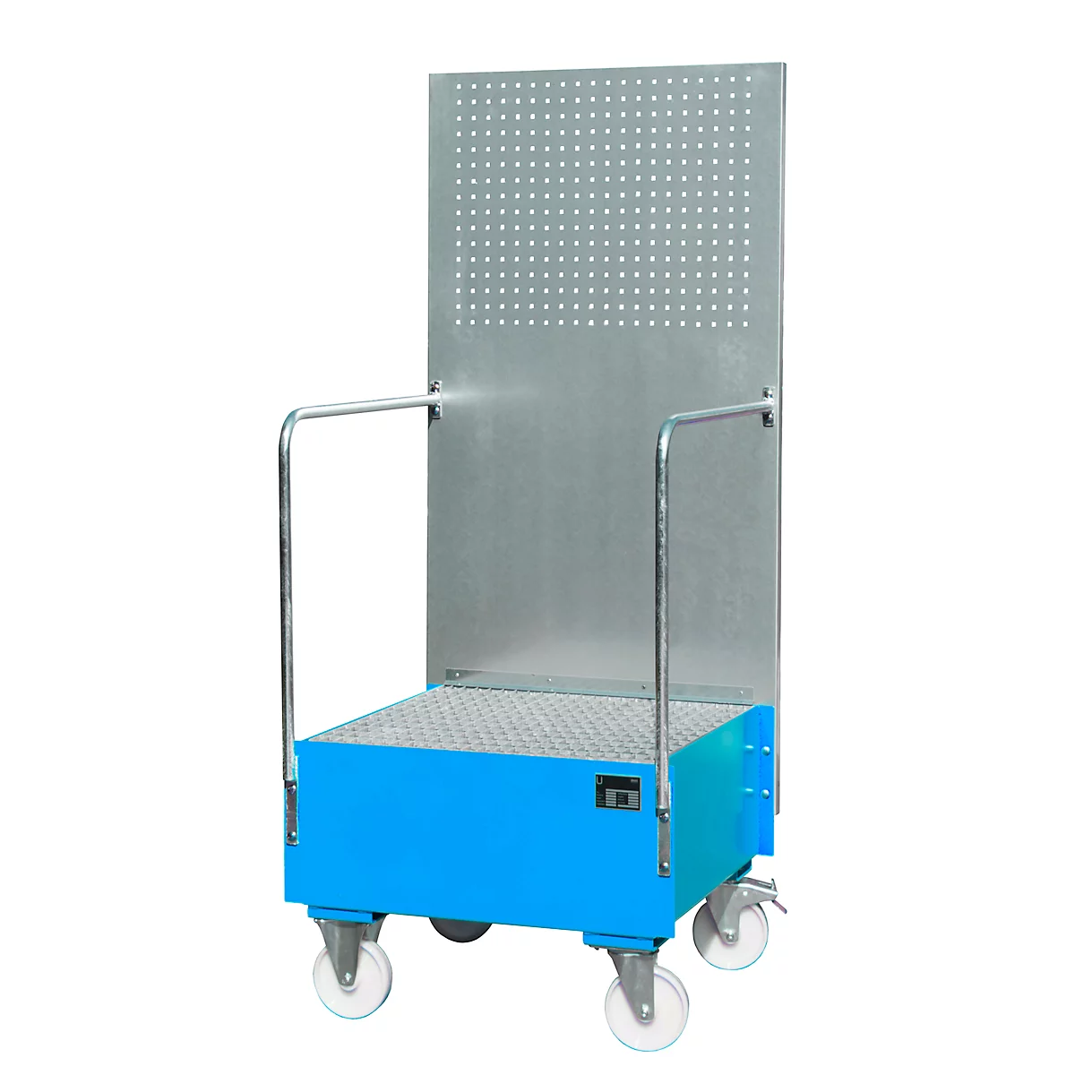 Bac de rétention mobile avec panneau perforé, en acier, capacité 1 fût de 200 L, bleu