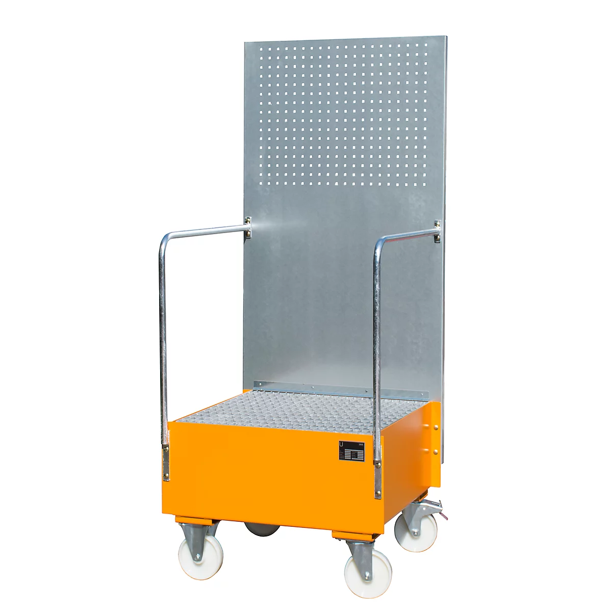 Bac de rétention mobile avec panneau perforé, en acier, capacité 1 fût de 200 L, orange