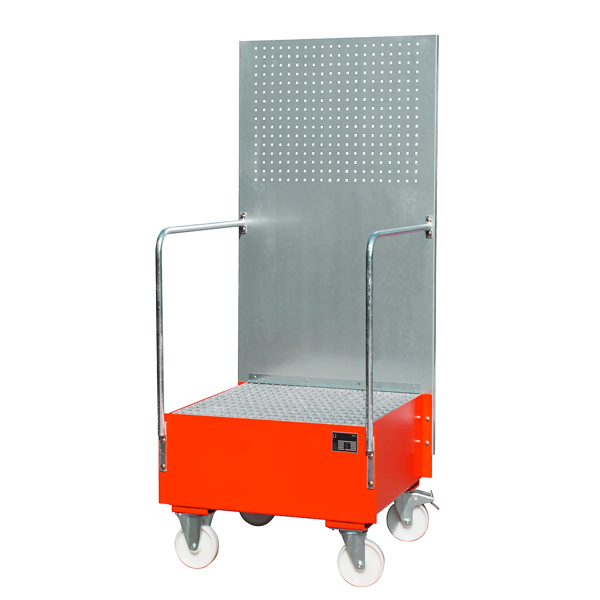 Bac de rétention mobile avec panneau perforé, en acier, capacité 1 fût de 200 L, rouge