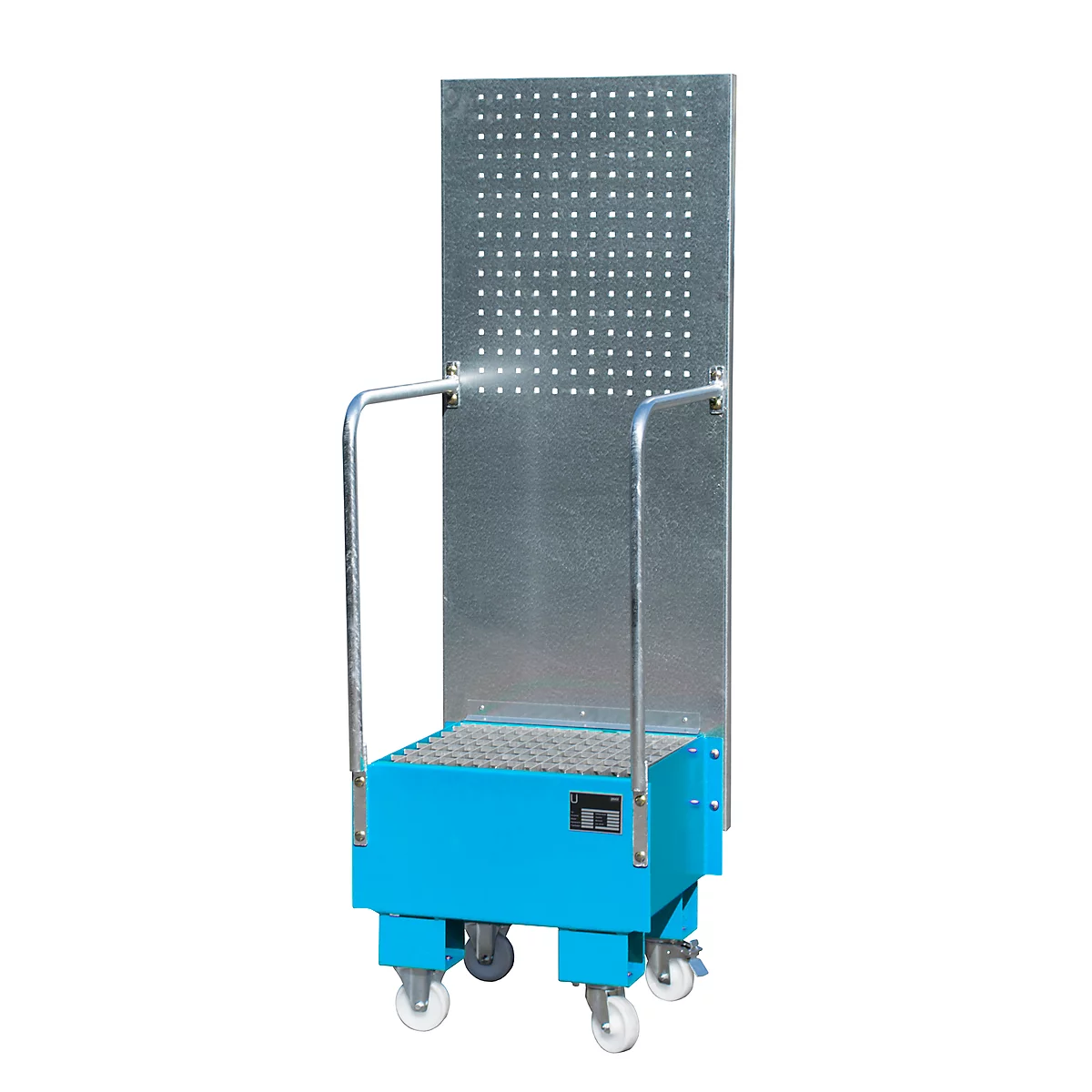 Bac de rétention mobile avec panneau perforé, en acier, capacité 1 fût de 60 L, bleu